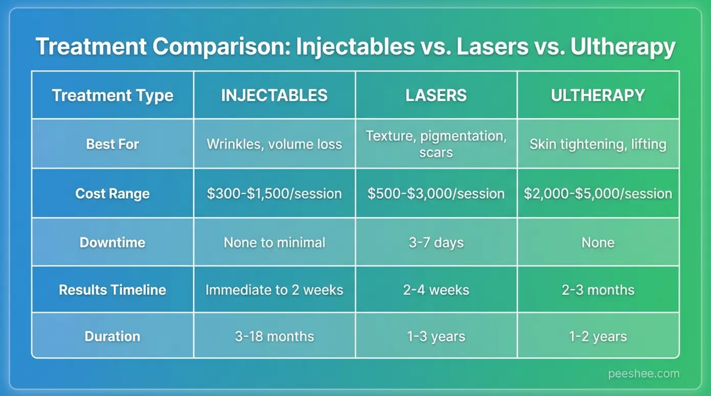 Comparison chart showing cost, downtime, and best use cases for injectables, lasers, and Ultherapy treatments