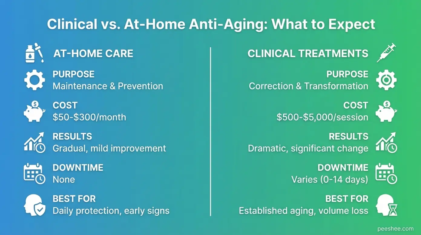 Infographic comparing clinical and at-home anti-aging on cost, results, downtime, and best use cases