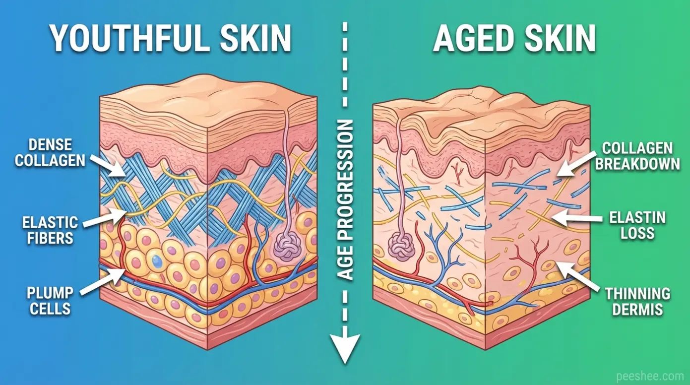 Anatomical diagram comparing youthful and aged skin structure with labeled components