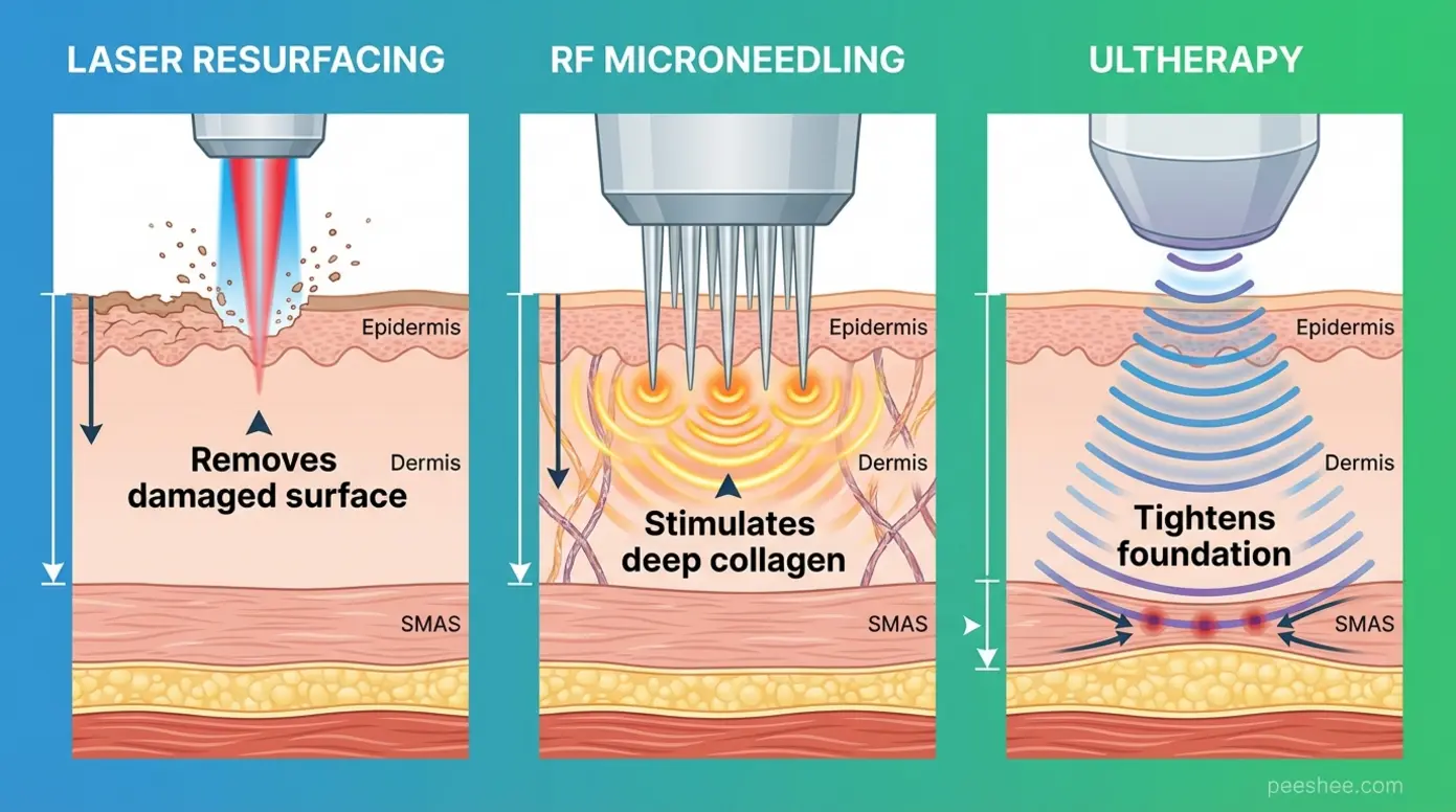 Diagram showing penetration depth and mechanism of lasers, RF microneedling, and Ultherapy on skin layers