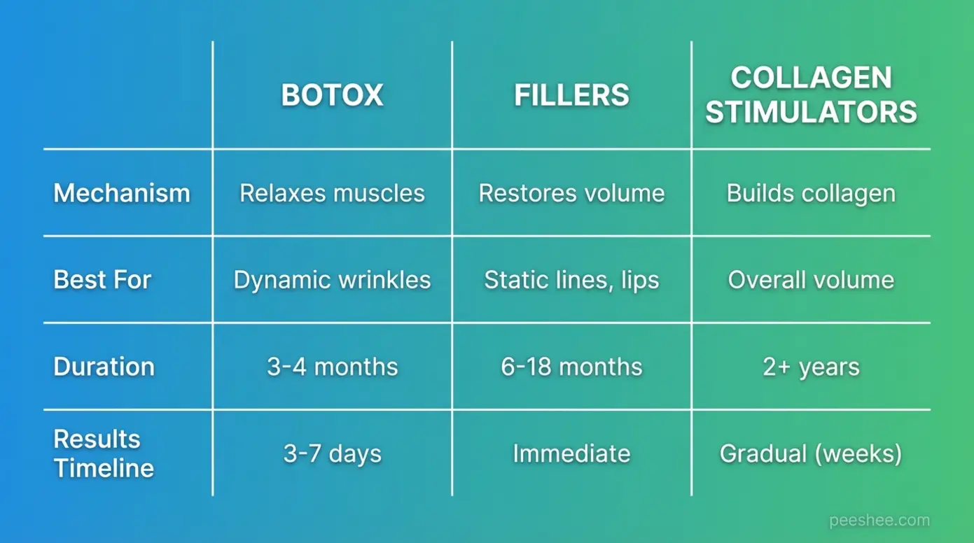 Comparison chart detailing differences between Botox, dermal fillers, and collagen stimulators for anti-aging