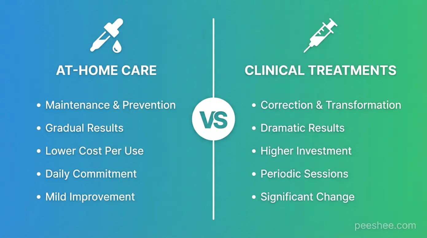 Side-by-side comparison of at-home skincare versus clinical anti-aging treatments showing key differences