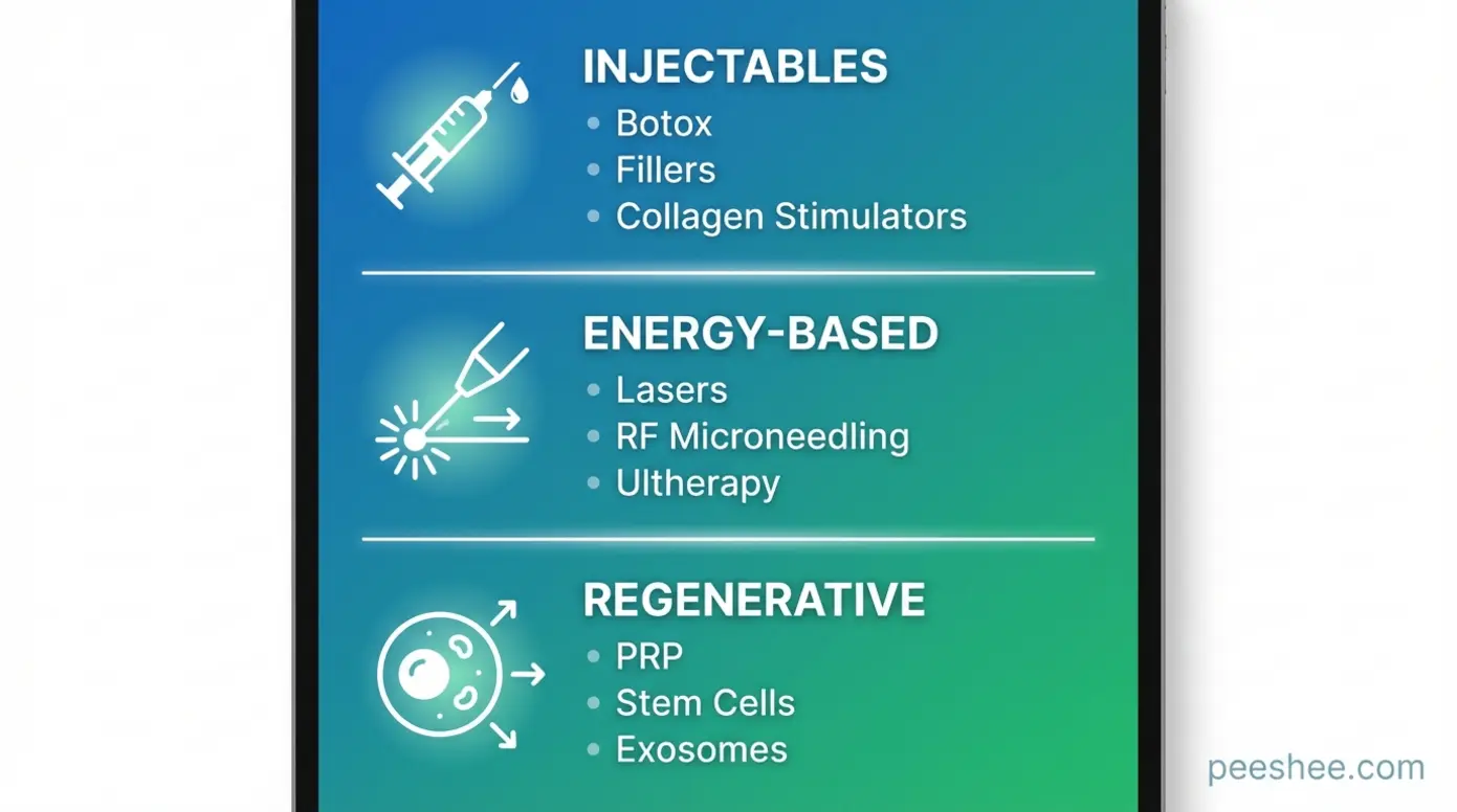 Infographic categorizing anti-aging treatments into injectables, energy-based devices, and regenerative medicine