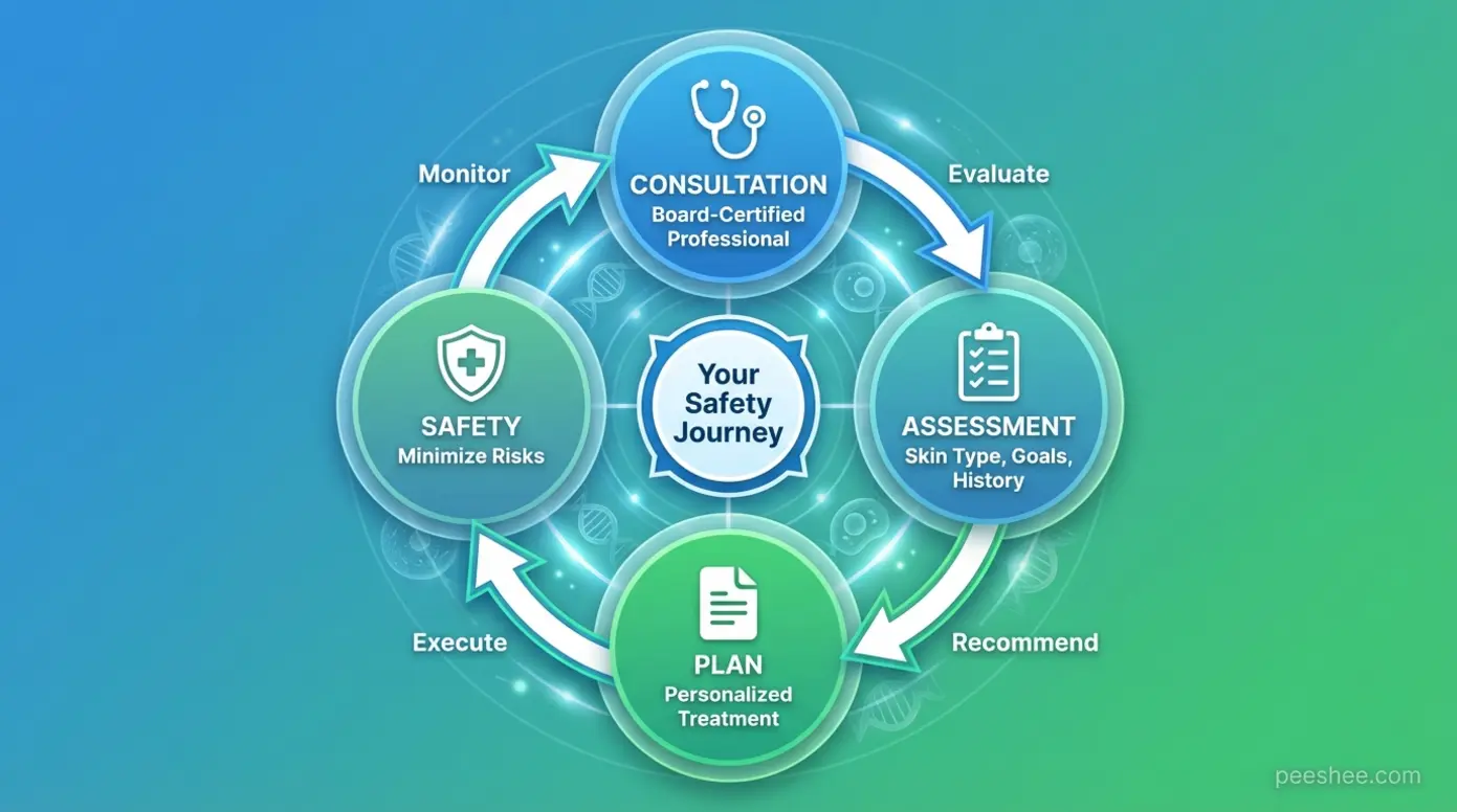 Flow diagram showing consultation process with board-certified professional for safe anti-aging treatment planning