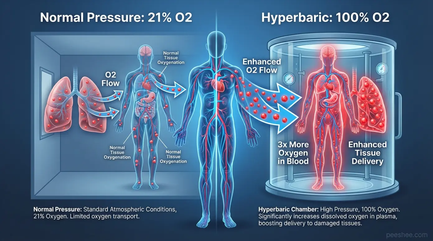 Diagram comparing normal oxygen levels versus hyperbaric oxygen therapy showing enhanced blood oxygen saturation